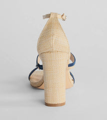 Sunshine Check Strappy Straw Denim Block Heels
