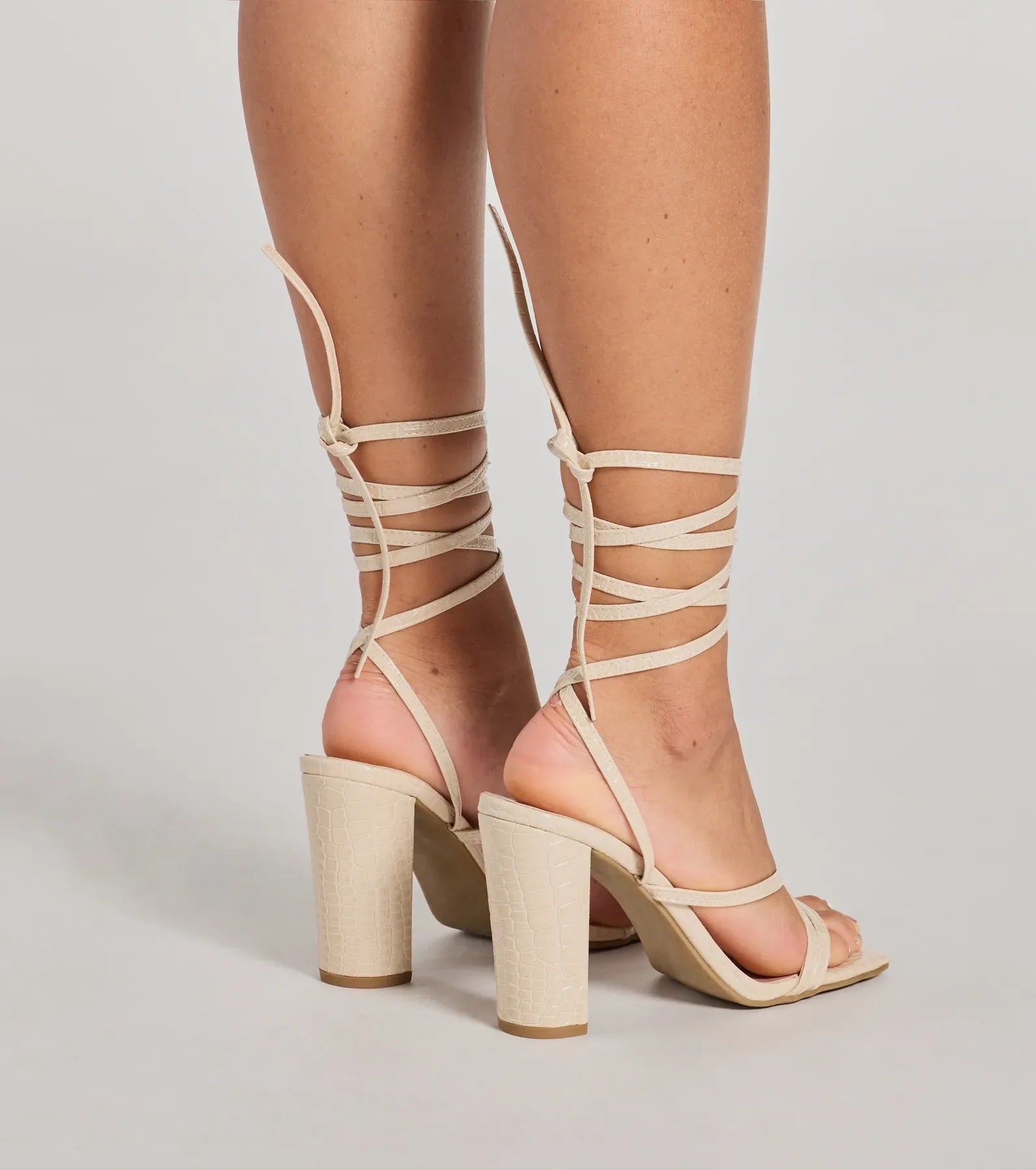 So Sleek Faux Croc Embossed Lace-Up Block Heels