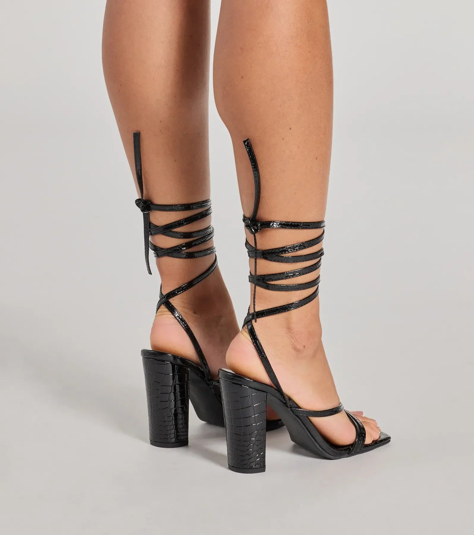 So Sleek Faux Croc Embossed Lace-Up Block Heels