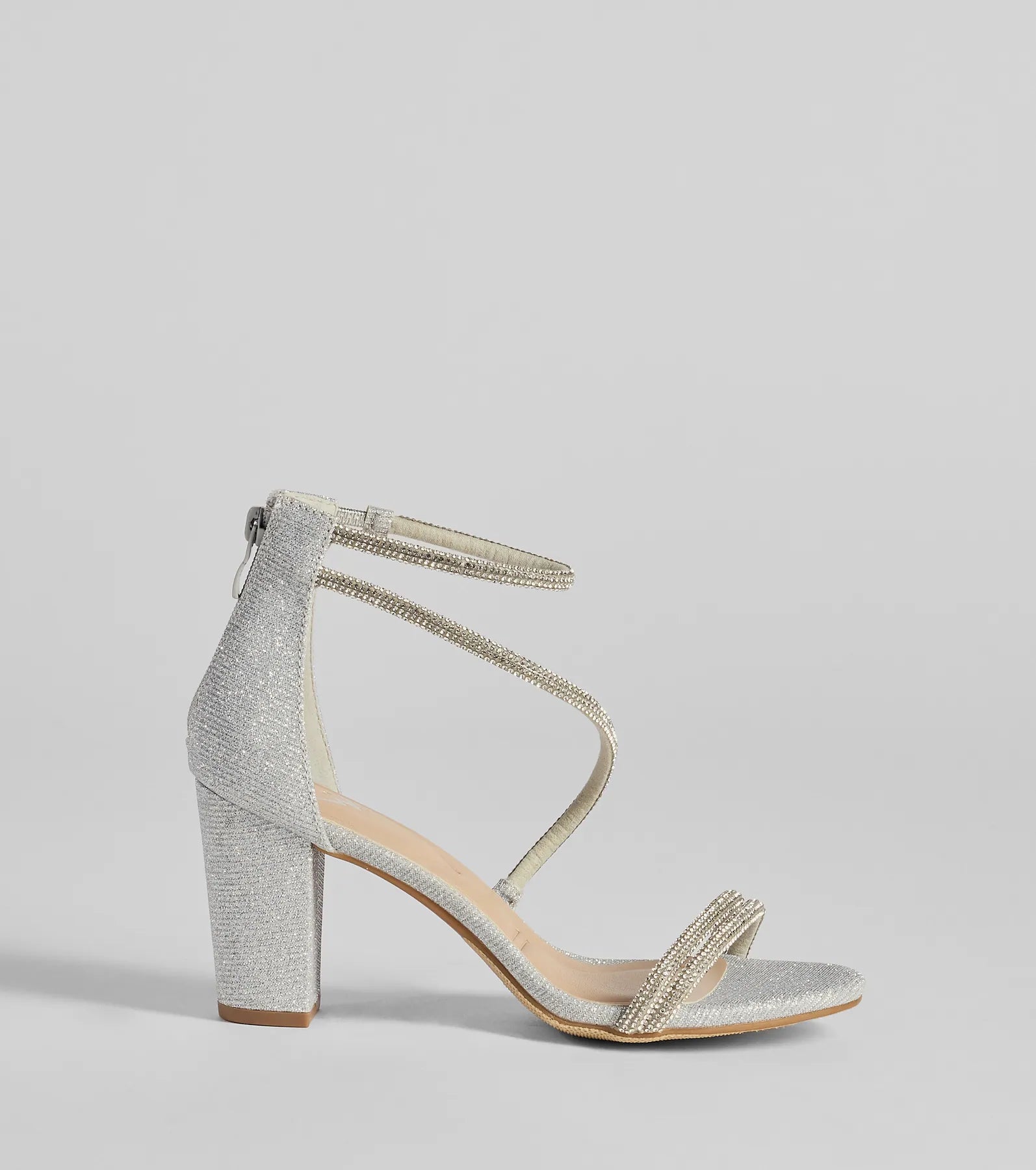 Reigning In Rhinestone Asymmetrical Strap Glitter Heels