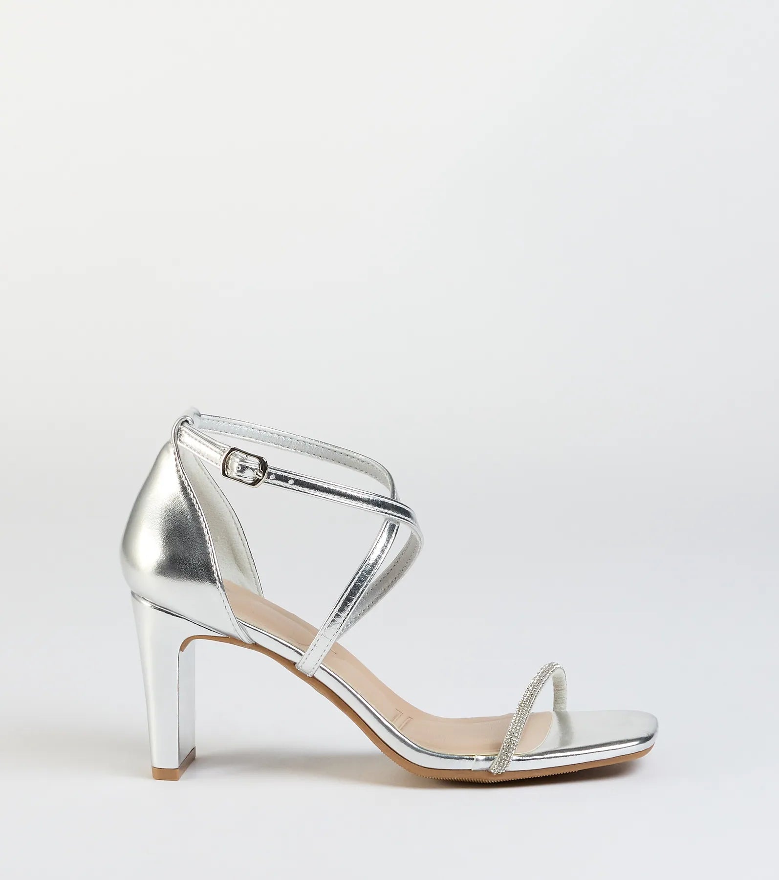 In The Limelight Rhinestone Strap Metallic Heels