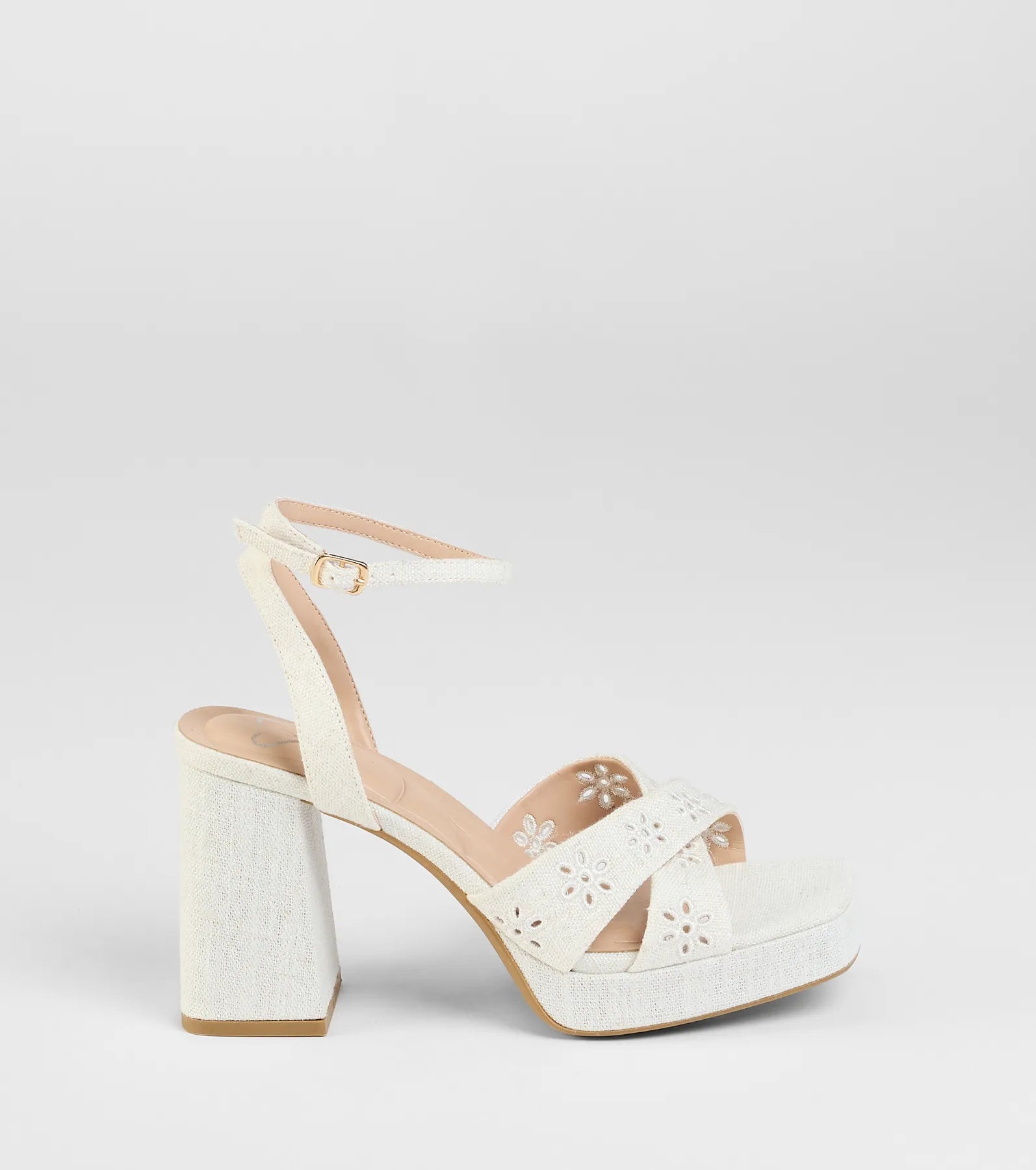 Resort Ready Eyelet Linen Platform Block Heels