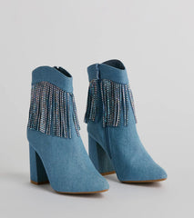 Glam Digs Rhinestone Fringe Western Denim Booties