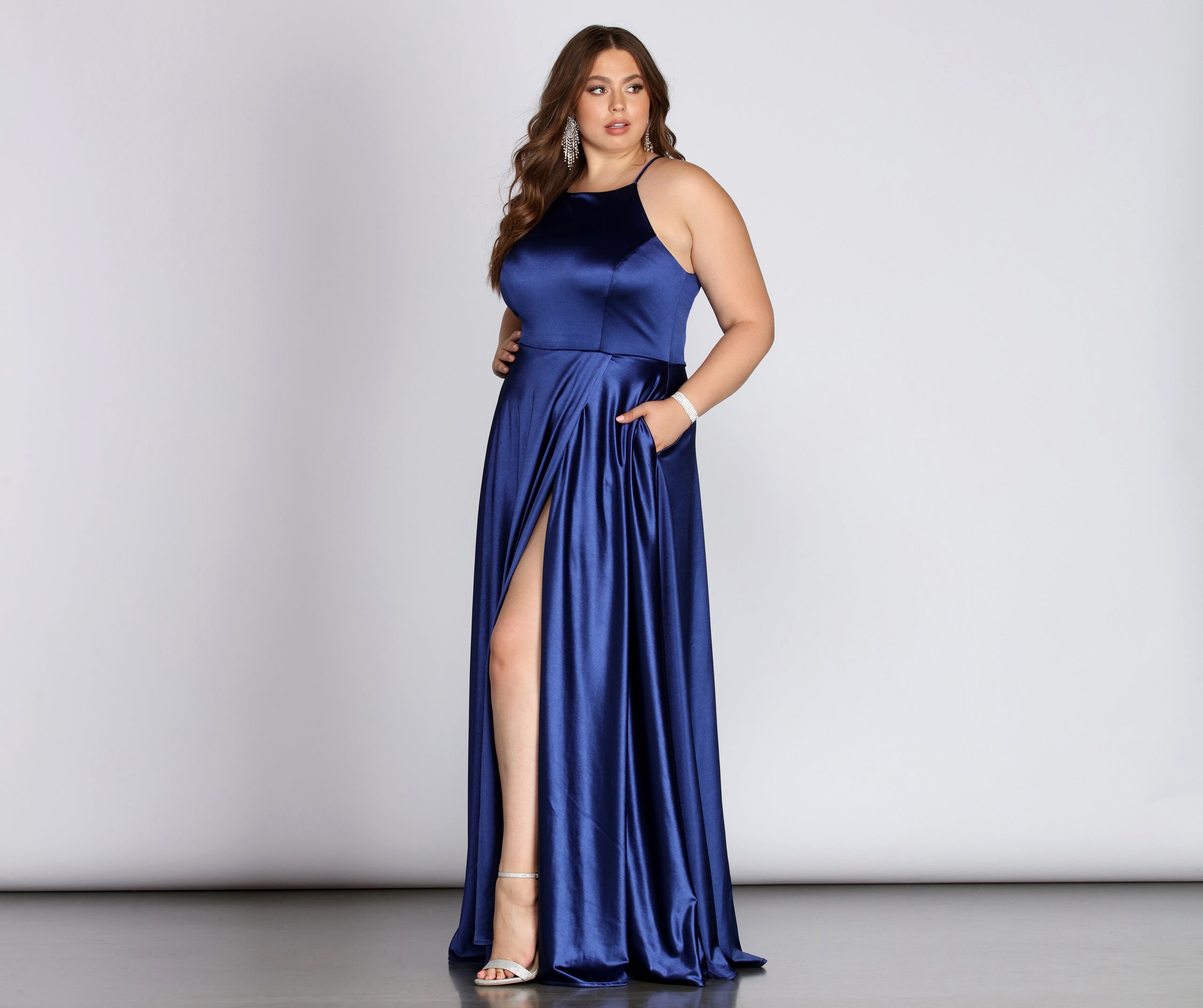 Plus Gabrielle Formal High Slit Satin Dress